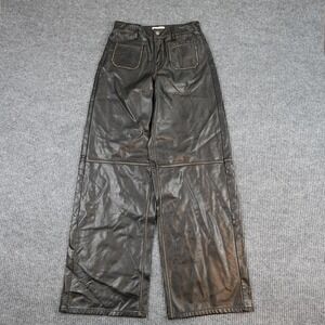 Vintage Guess Leather Wide Leg Pants Womens 25 Black Coated Twill Faux